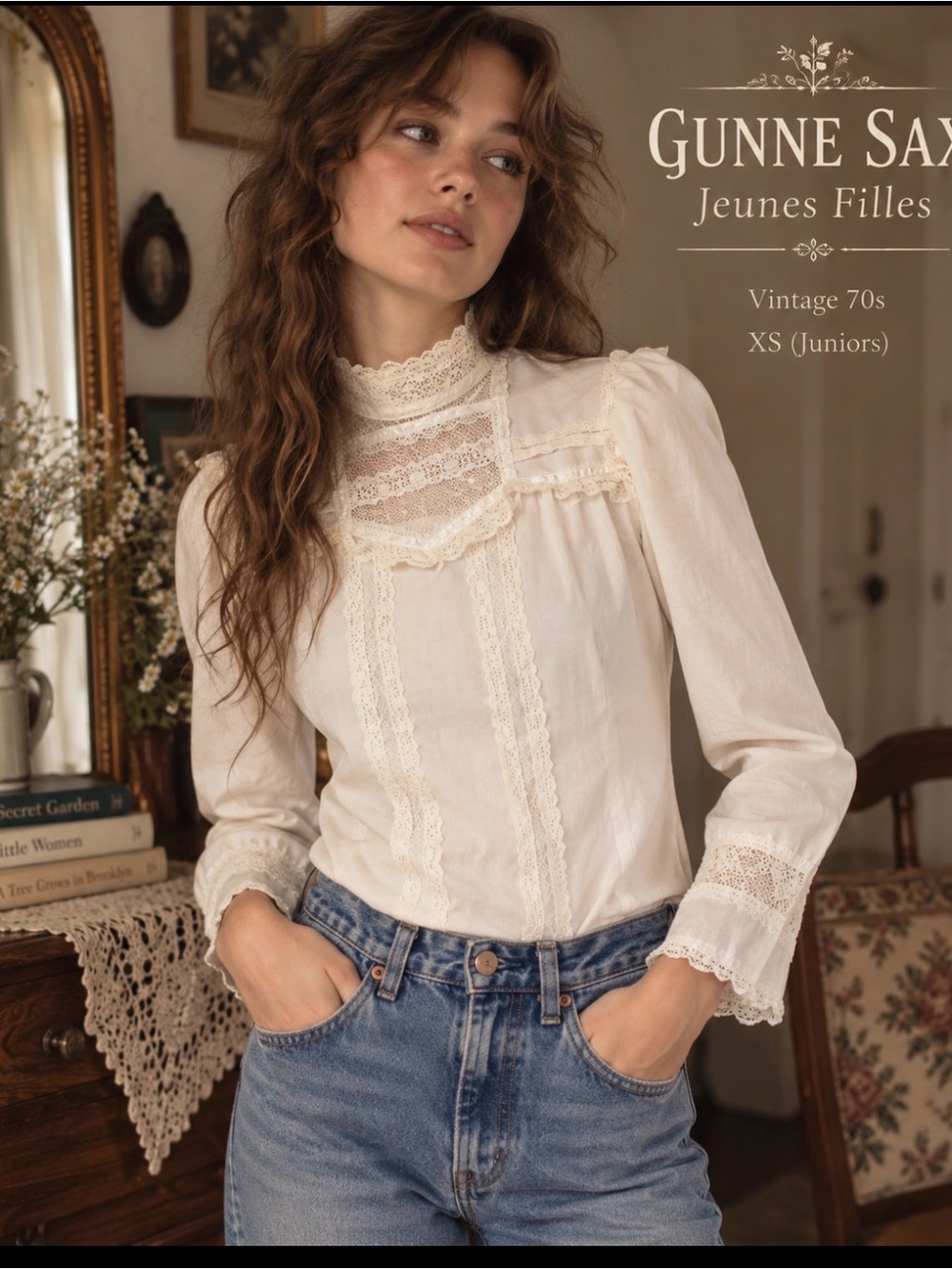Gunne Sax - vtg 70’s- Cream, Lace Trim Prairie Blouse - 34” bust
